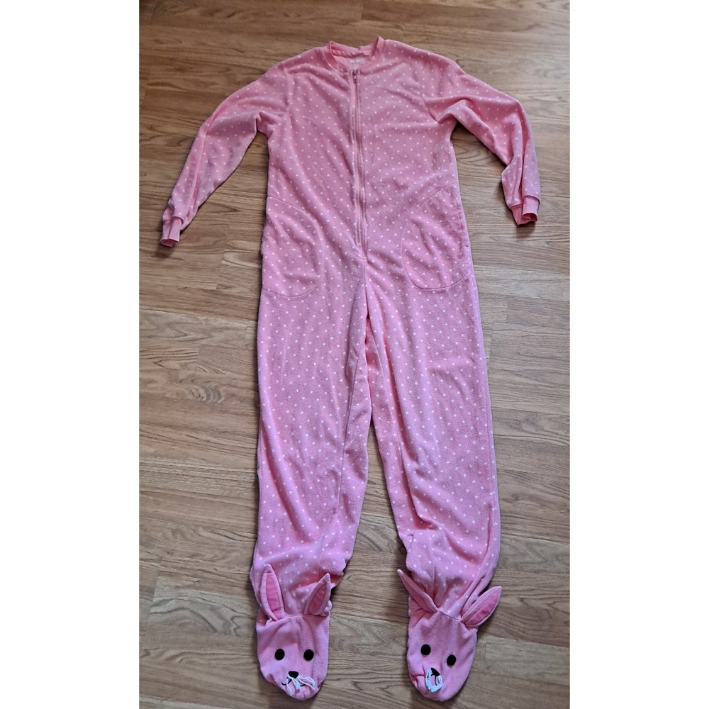 Nick & Nora Pink Polka Dot Bunny Footed Pajama One Piece Womens Small Fleece
